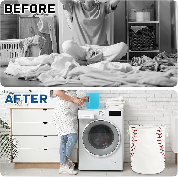 Baseball Texture Laundry Basket with Handles Collapsible Laundry Hamper Waterproof Toy Organizer Funny Dirty Clothes Hamper for College Dorm Bathroom Bedroom
