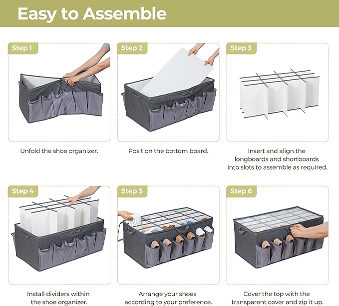 Shoe Organizer for Closet, Shoe Storage Solution with Clear Cover & Adjustable Dividers, Fabric Shoe Box Fits 16 +12 Pairs Shoes, Grey, 1-Pack