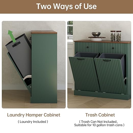 Fluted Tilt Out Laundry Hamper Cabinet, 10 Gallon Hidden Trash Can Cabinet, Wooden 2 in 1 Tilt Out Garbage Can for Kitchen, Bathroom (Green, Full)