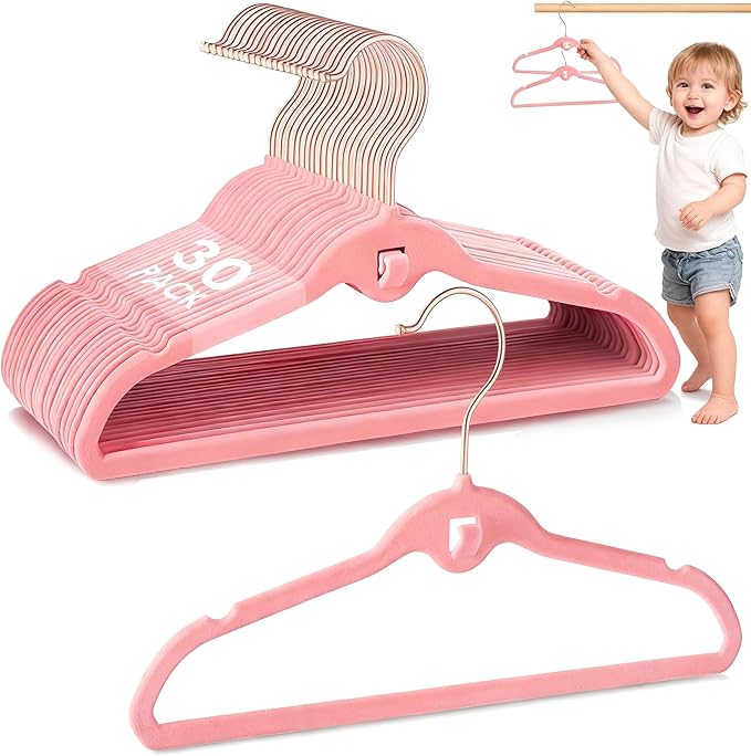 Baby Velvet Stackable Hangers 30 Pack, 11 Inches Pink Kids Clothes Hangers for Closet, Non Slip Toddler Infant Hanger for Nursery, Thin Space Saving Children Felt Hanger with 360° Swivel Hooks