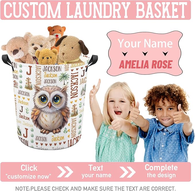 Owl Laundry Basket,Custom Laundry Hamper with Name,Personalized Owl Gifts for Boys Girls,Customize Collapsible Laundry Basket for Bedroom Bathroom,S-16.5"x 13.8"
