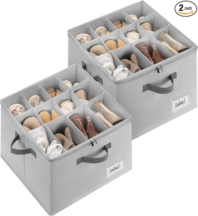 Cupic Cupid 2 Pack Shoe Organizer for Closet, Fits up to 12 Pairs, Shoe Cubby Storage Containers with Clear Cover, Grey