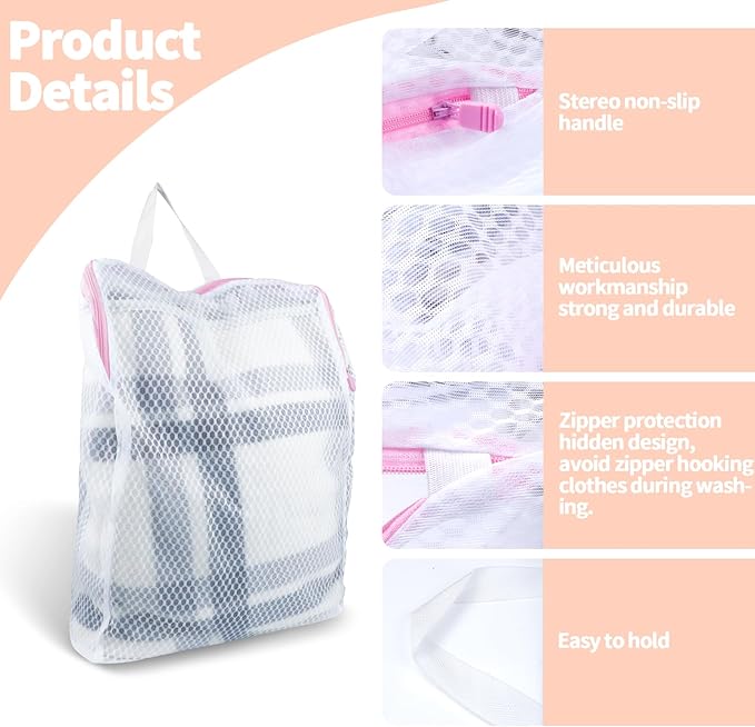 2 PCS Honeycomb Mesh Laundry Bag with Handle, 15.7 x 11.8 Inch Zippered Mesh Laundry Bag, Extra Large Opening, Side Widening, for Washing Socks, Baby Items, Lingerie, Travel Garments (Pink and Blue)