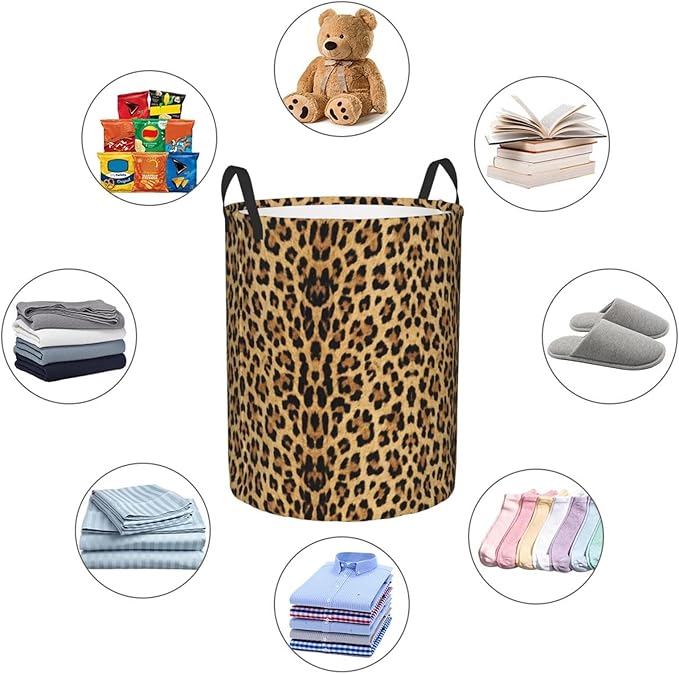 Brown Leopard Print Round Laundry Hamper Animal Cheetah Storage Basket Toys Clothes Organizer Bin For Home Bathroom Bedroom Dorm Nursery, 38l