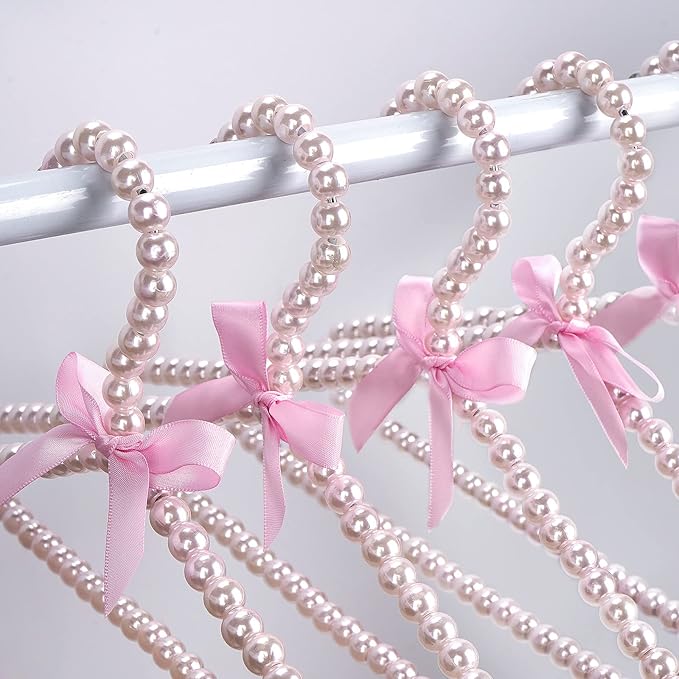 Linkidea 5 Packs Faux Pearl Beaded Clothes Hangers, Elegant Clothes Dress Wedding Shop Pants Hanger, Closet Coat Storage Organizer Standard Hangers (Pink)