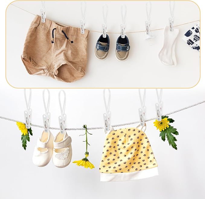 120 Pack Multi-Purpose Laundry Hooks Hanging Clips Bulk with Plastic Rope Hanger Clips for Baby Clothes Closet Organizer for Pants Hat Sock Boot Bra Towel Bathroom Wardrobe Kitchen White