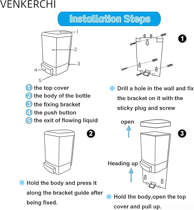 Manual Soap Dispenser Kitchen Bathroom Hand Wall Mounted Dispensers Commercial for Liquid Containers Shampoo Gel Chamber Plastic - 1000ml(33.8 oz)