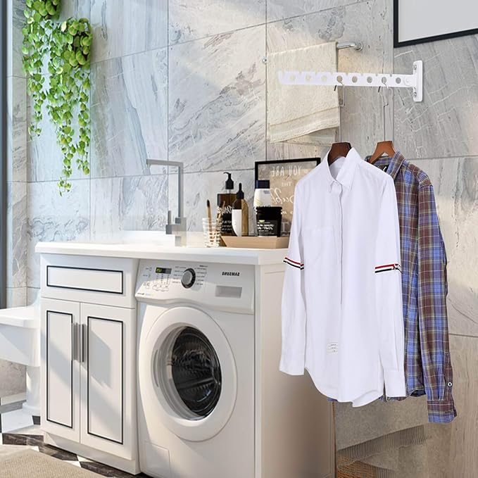 COTTAGE LIFE Wall Mounted Clothes Hanger Rack White Foldable Stainless Steel Hanger for Laundry Room Space-Saving Heavy Duty Dryer Hook 2 Pack