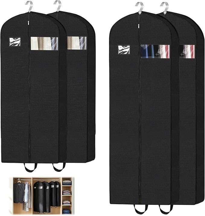 4-Pack Garment Bags for Storage & Travel - 60" & 43" Hanging Clothes Bags with 4" Gusset, Clear Window, Handle & ID Holder | Suit, Dress, Coat Covers for Closet Organization