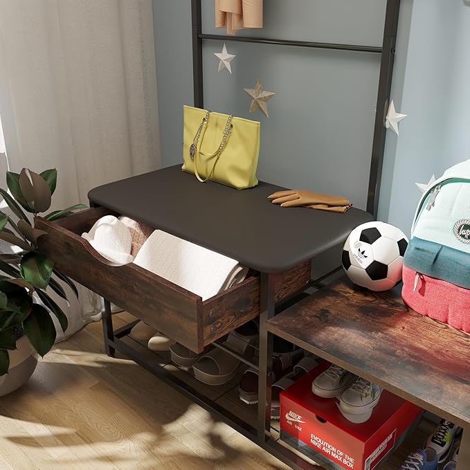 CharaVector 4-in-1 Hall Tree with Storage Drawer & Soft Cushion - Industrial Entryway Bench Coat Rack, Antique Brown, Parent-Child Design with Stable Metal Frame