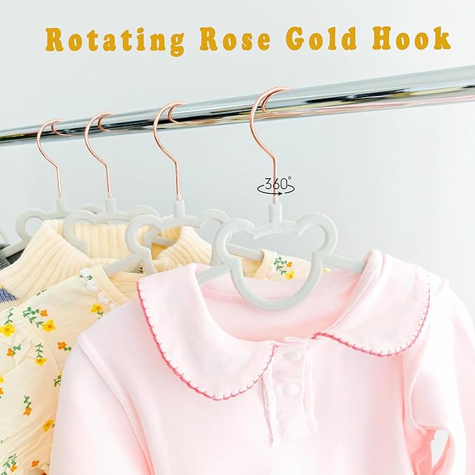 60 Pack Gray Velvet Kids Clothes Hangers - 12.6in for Ages 4-10, with Cute Bear, Rotating Rose Gold Hook, Non-Slip, Space-Saving Slim Felt Hangers for Toddler Coats, Jackets, Dresses