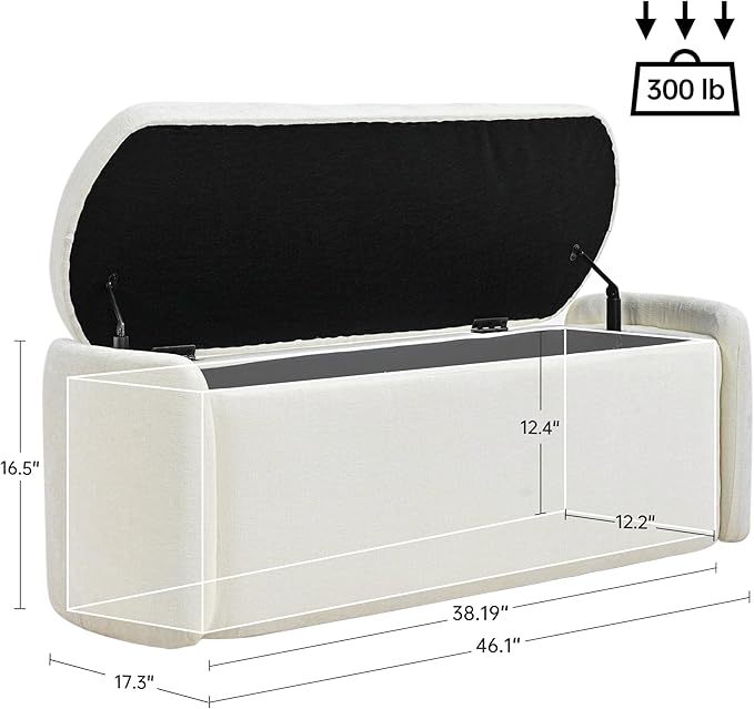 VKNOW Storage Ottoman Bench, 46" Upholstered Oval End of Bed Bench Ottomans Bench Foot Rest, Sherpa Storage Bench for Bedroom, Living Room and Hallway, Beige