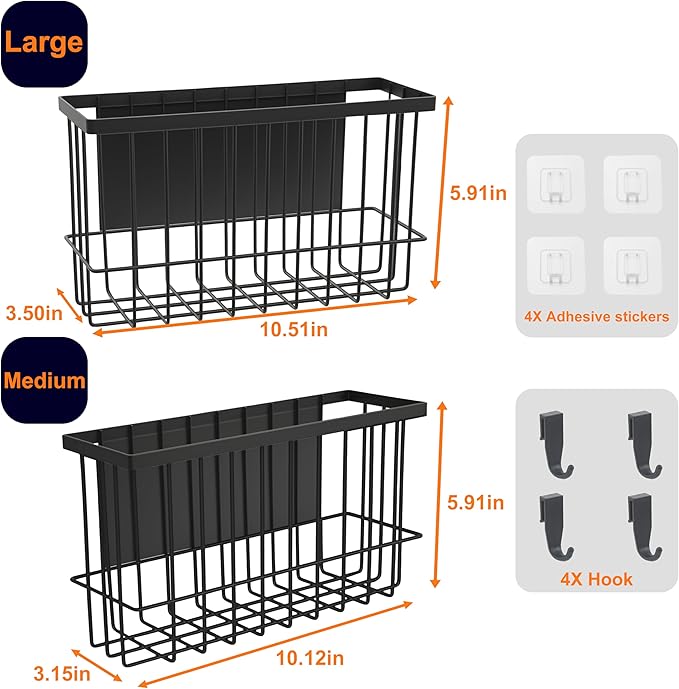 2 Pack Magnetic Basket, Magnetic Dryer Ball Holder for Laundry Room Dryer Ball Organization with 4 Caddy Adhesive Stickers, Cabinet Door Organizer for Kitchen Wrap Food Bag Tin Foil Storage, Black