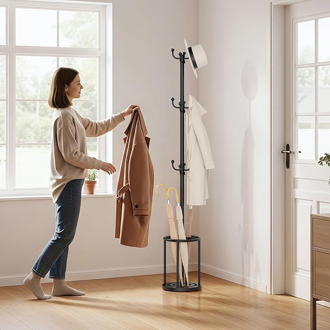 Coat Rack Freestanding, Hat Rack Hall Tree Coat Hanger Umbrella Stand for Entryway, Black Coat Rack with Umbrella Holder, Tree Stand Corner Hall Tree Rack for Hat, Umbrella, Purse, Bag, Clothes