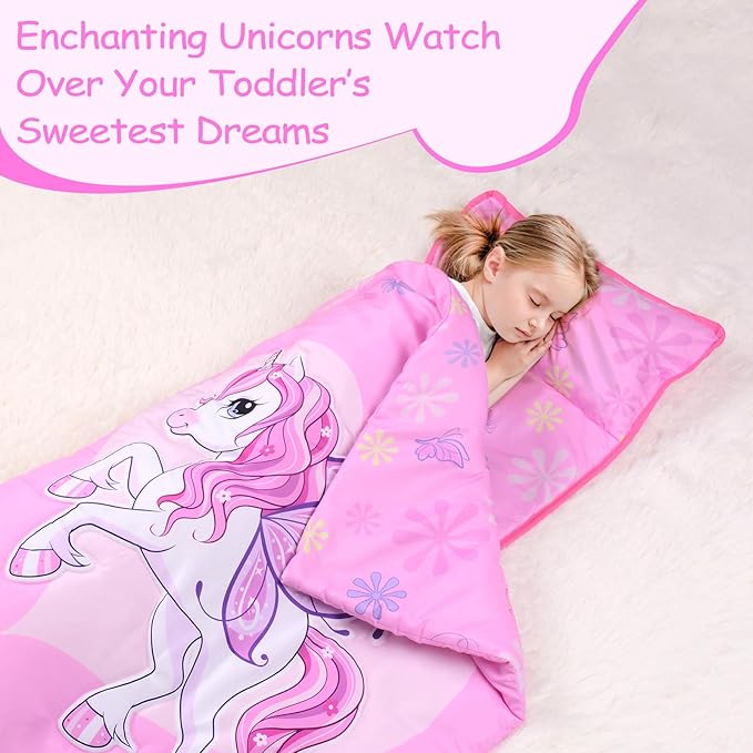 Unicorns Nap Mats for Preschool with Removable Pillow and Blanket Kids Sleeping Bag with Pillow Reinforced Stitching Machine-Washable, Soft Nap Mats for Daycare, Travel, Camping 53"x21"