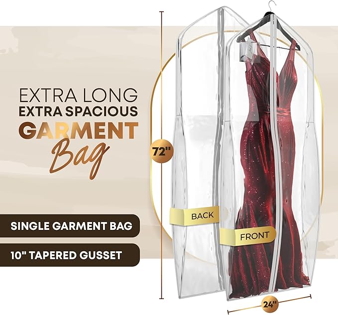 72" Tapered Long Dress Bags for Gowns - Wedding Dress Garment Bag for Dresses - Long Garment Bags for Hanging Clothes & Closet Storage, Dress Bag for Airplane
