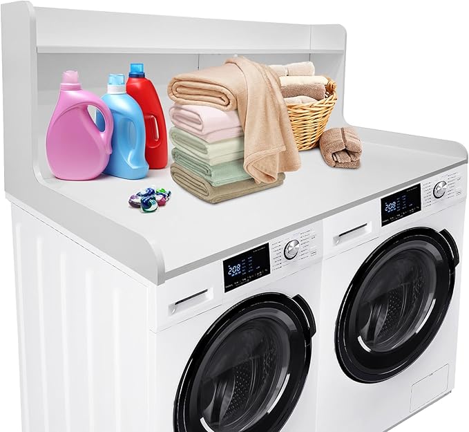 2-Tier Washer Dryer Countertop, 54" W x 27.55" D Laundry Countertop Organization with Non-Slip Pad, Wooden Washer and Dryer Topper for Folding Clothes, Laundry Room Storage