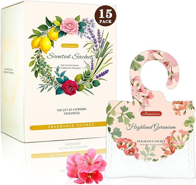 15 Packs Scented Sachets Bag for Drawers and Closets, Air Freshener for Home Fragrance Sachet, Long-Lasting Hanging Closet Deodorizer Smell Goods for House (Highland Geranium)