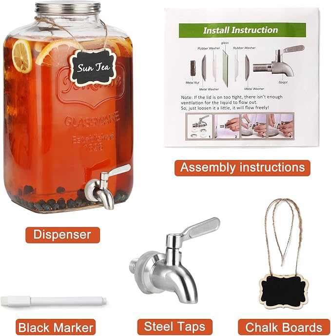 2 Gallon Glass Drink Dispenser - Stainless Steel Leakproof Spigot and Lid, Beverage Glass Drink Dispensers for Parties, Water Beverage Dispenser Liquid Laundry Detergent Dispenser