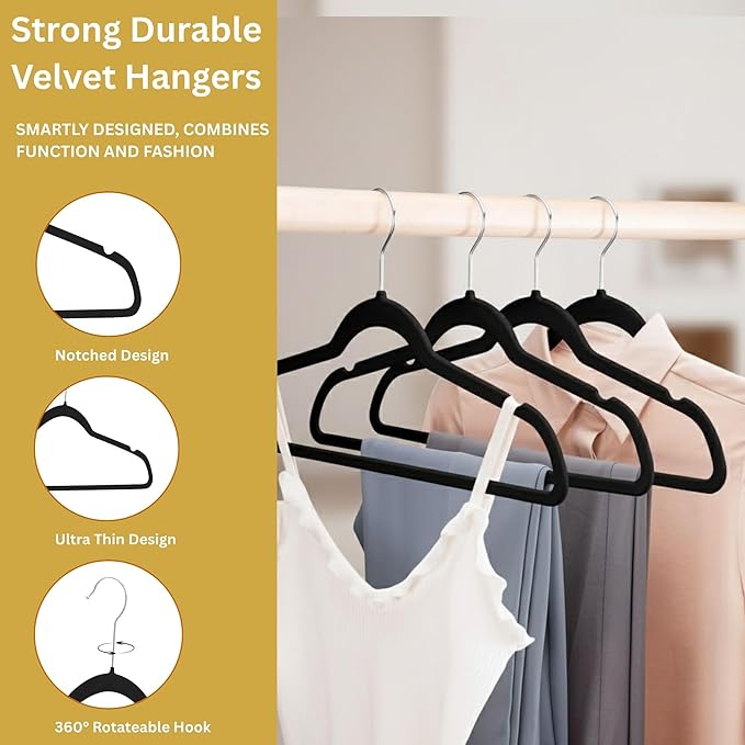 Essenziale (Essential) Luxe Premium 10 Pack Black Velvet Clothes Hangers 360° Rotating Silver Hook Slim Non-Slip Clothes Hangers for Pants, Suits, Coats & Shirts Strong Space-Saving Closet