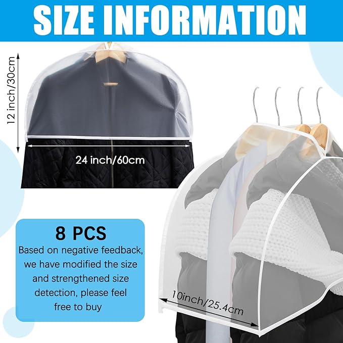 Patelai 8 Pcs 10" Gusseted Shoulder Covers for Hanging Clothes 24" Length x 12" High Plastic Garment Dust Covers Protectors for Closet Storage Suit, Coats, Jackets, Dress Closet Storage(Translucent)