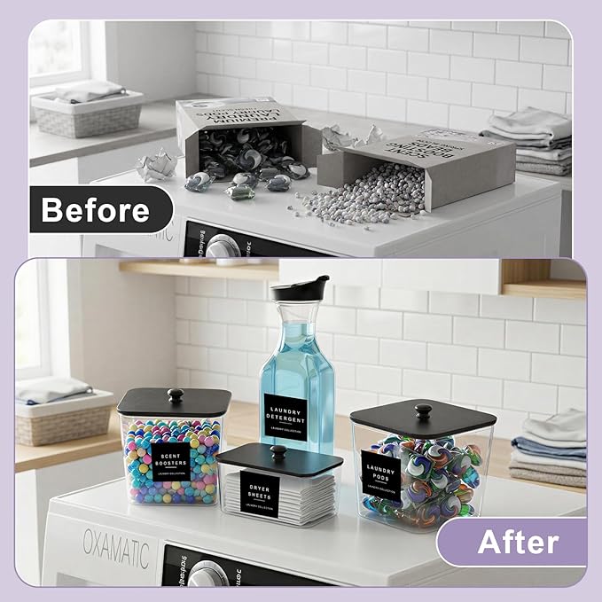 Laundry Pod Containers and Dryer Sheet Holder and Laundry Detergent Dispenser Clear Laundry Room Organization and Storage with Wooden Lids Labels and spoon （2+1+1 Pack）