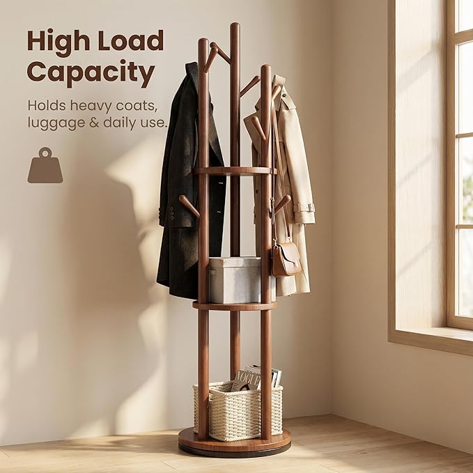 Solid Wood Freestanding Coat Rack, Coat Tree with 3 Shelves & 9 Hooks, 360° Smooth Rotation, Space-Saving Corner Coat Rack, Coat Hanger Stand for Entryway, Bedroom, Living Room(Walnut)