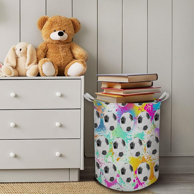 Colorful Football Laundry Basket, Toybox for Boys Room, Kids Laundry Basket Hamper Waterproof Collapsible Clothes Toys Storage Bin Organizer for Bedroom Bathroom Boys Room Dorm