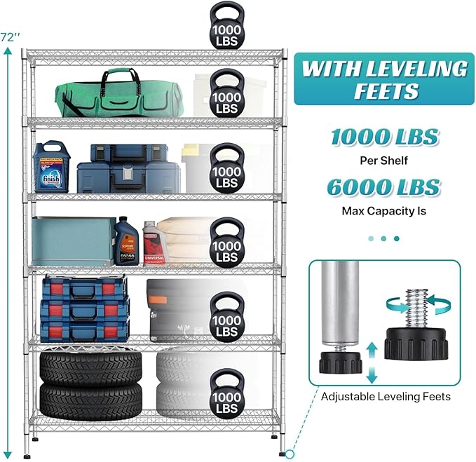 6-Tier Heavy Duty Wire Shelving Unit with Wheels or Leveling Feet, 6000 LBS Total Capacity, Adjustable Metal Storage Rack for Garage, Pantry, Kitchen, Basement, 48" W x 18" D x 76" H, Chrome