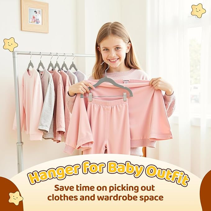 Flottian 36-Pack Baby and Kids Velvet Hangers with Clips, Non Slip and Space-Saving Kids Pants Hangers for Baby/Toddler Pants, Skirts, Coats, Gray