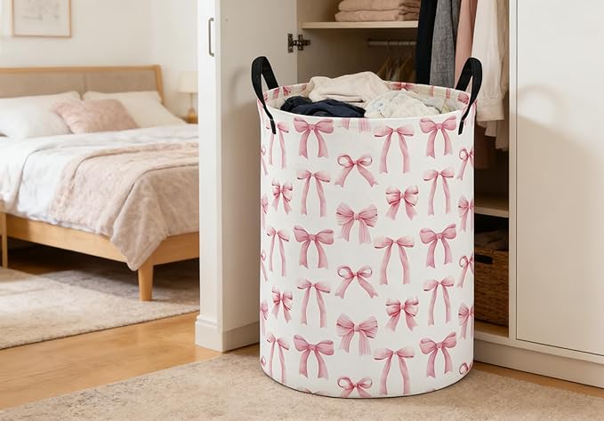 ESSME Kids Laundry Basket,Pink Hamper Collapsible Canvas Waterproof Storage Bin for Girls, Cute Hamper,Gift Baskets(Bowknot)