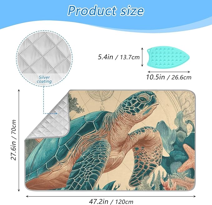 Ironing Mat Pad for Table Portable Travel Iron Blanket Ironing Board Covers Pressing Mat Heat Press Pads 27.6x47.2 Inches Teal Sea Turtle Compass43
