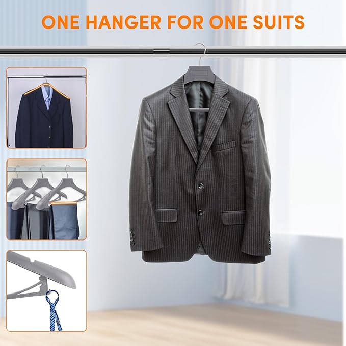 DEDU Suit Hangers for Men 20 Pack, Grey Coat Hangers Extra Wide Non Slip Width 17.7", Thick Plastic with Pants Bar & Metal Hook