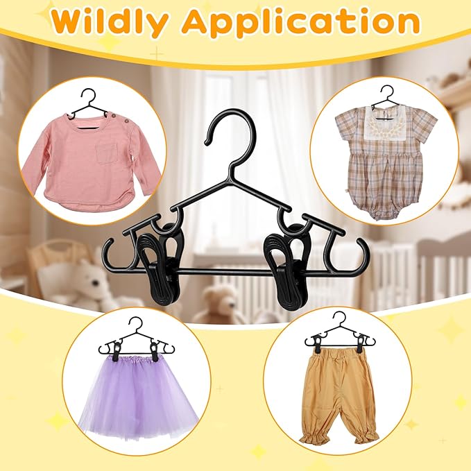 Hsei 5/10/40 Pack Baby Hangers with 10/20/80 Clips, Plastic Kids Pants Hangers for Nursery Closet Top and Bottom Clothes Hanger Set for Newborn Infant Toddler(120 Packs Total,Black,10.6 Inch)