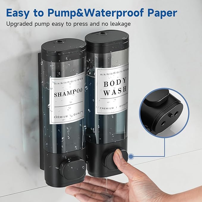Shower Soap Dispenser Shampoo and Conditioner Dispenser 2 Chamber No Drill Wall-Mounted Shampoo Dispenser for Shower Wall Mounted Shower Dispenser for Bathroom Hotel Large Capacity,Black