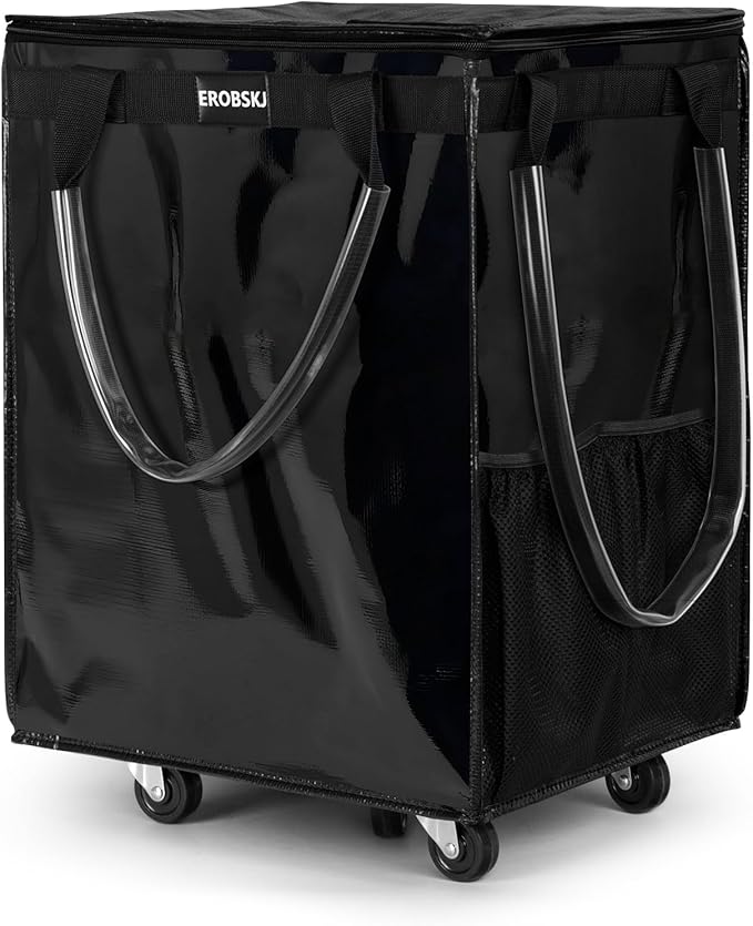 (Large,Black) Reusable Grocery Bag on Wheels, Foldable Rolling Tote, Carries Up to 76 lbs Shopping Trolley, Zipper Clouser Shopping Carts for Trips, Laundry, 5 Heavy Duty Wheels and 3 Handles