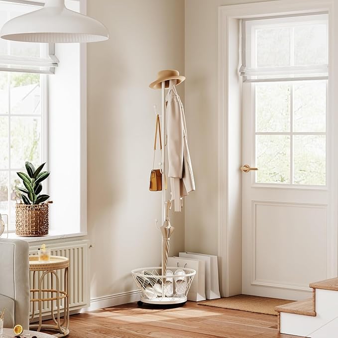 White Cactus shaped Coat Rack Hanger Freestanding, Metal Clothes Rack with Basket 6 Hooks to Hang Clothes, Hat, Bag for Entryway, Hallway, Bedroom