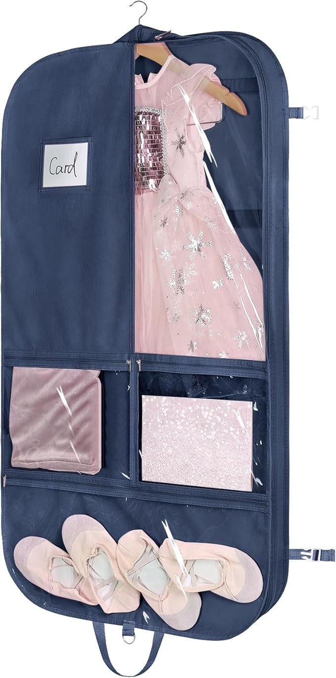 Univivi 40 Inch Kids Garment Bags for Dance Costumes, 3 Medium Clear Zipper Pockets and 2 Back Zippered Pockets for Hanging Clothes, Travel Storage - Navy Blue