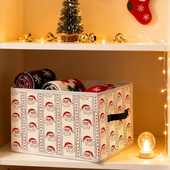 Christmas Santa Storage Bins, Red and Green Stripe Christmas Santa Claus Snowflakes Holiday Foldable Closet Organizers Storage Basket Toybox for Clothes Bed Sheets Blankets Toys