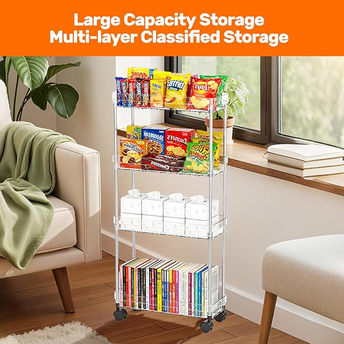 4 Tier Slim Storage Cart with Wheels Slim Rolling Utility Cart Mobile Shelving Units Organizer for Narrow Space in Home Kitchen Bathroom Laundry Room Transparent (Width 6.3 Inches)