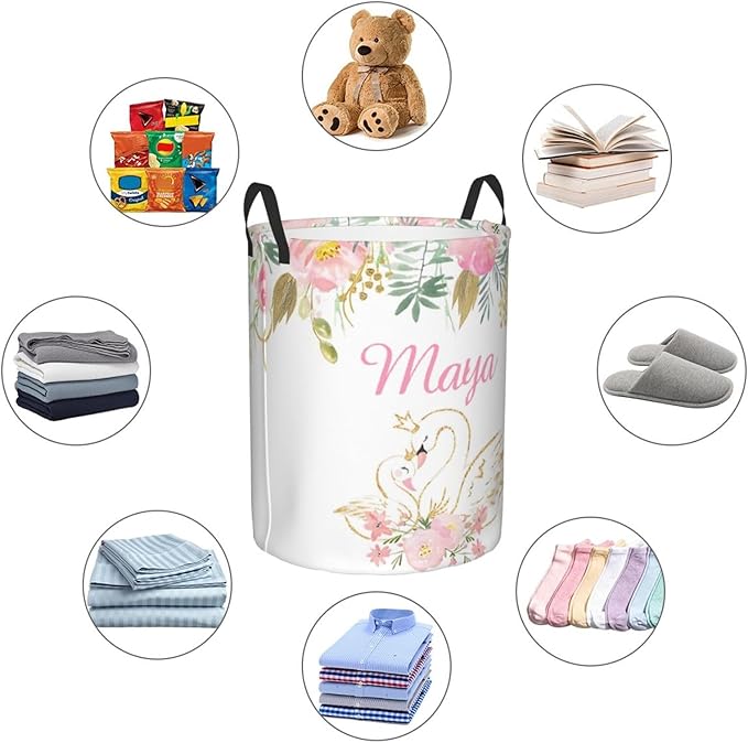 Personalized Laundry Basket for Nursery, Custom Nursery Laundry Hamper with Name, Customize Baby Clothes Circular Hamper for Boys Girls Room Decor, Floral Swan