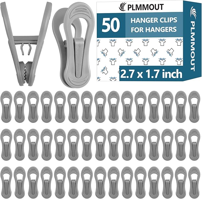 Grey Hanger Clips 50 PCS,Velvet Hanger Clips for Plastic Hangers,Pants Hanger Clips,Grey Finger Clips,Plastic Hanger Clips for Skirt Pants Hangers Plastic Clothes Hangers,Strong Pinch Grip