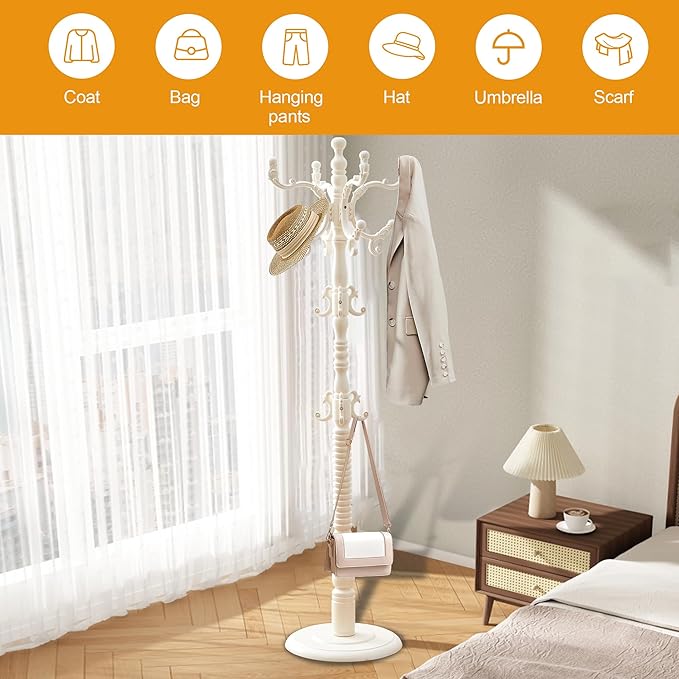 Free Standing Coat Rack with 14 Hooks, Vintage Wooden Coat Tree, Adjustable Height 73 Inches, Retro Coat Stand for Entryway, Living Room, Office & Bedroom (Retro White, 1 PCS)