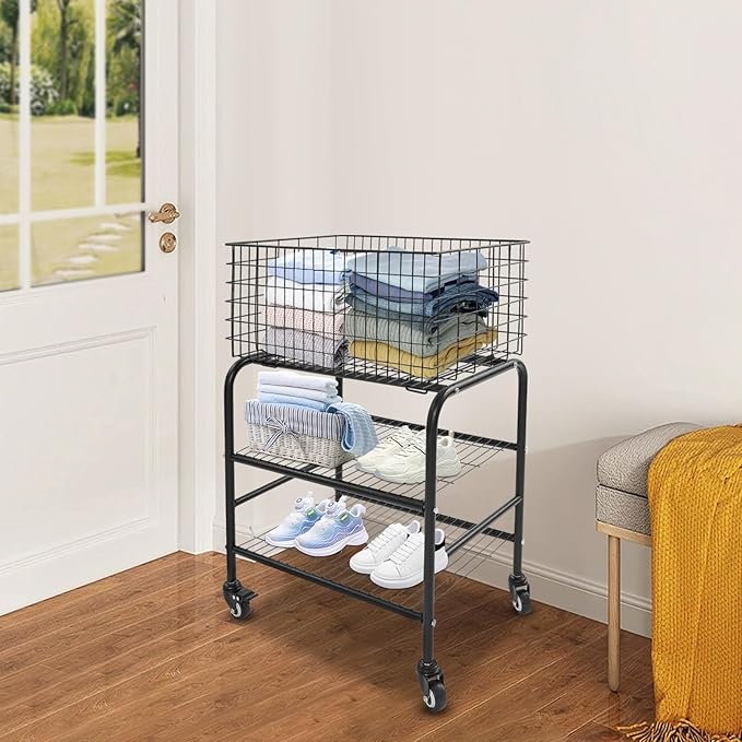 Wire Rolling Laundry Baskets with Wheels, 3 Tier Garment Storage Cart, Commercial Wire Laundry Cart, 66lbs Load Capacity, Garment Metal Rack for Clothes Wash and Dry Sort (Black)