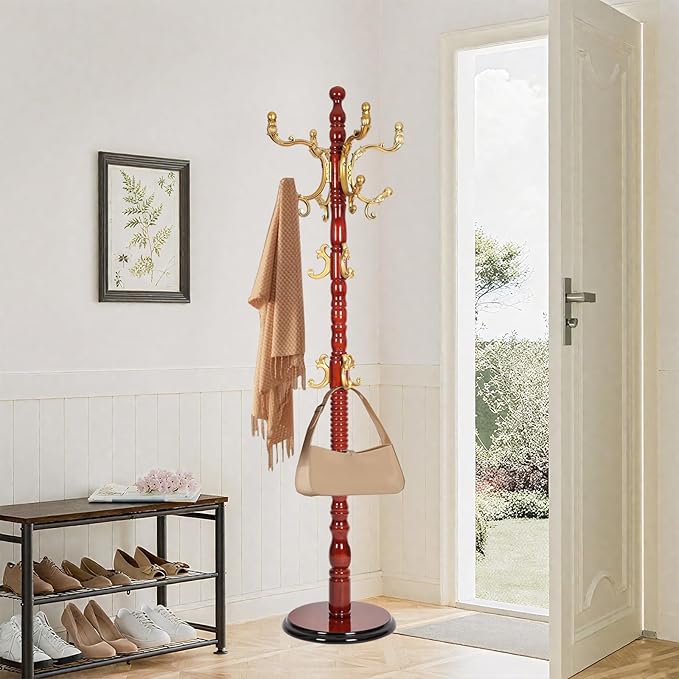 Wooden coat rack stand, Heavy duty coat racks tree freestanding with 14 Hooks and Sturdy Round Base, Coat tree for jacket,Hats, Bags, Purses, clothes (Round base-Begonia wood)