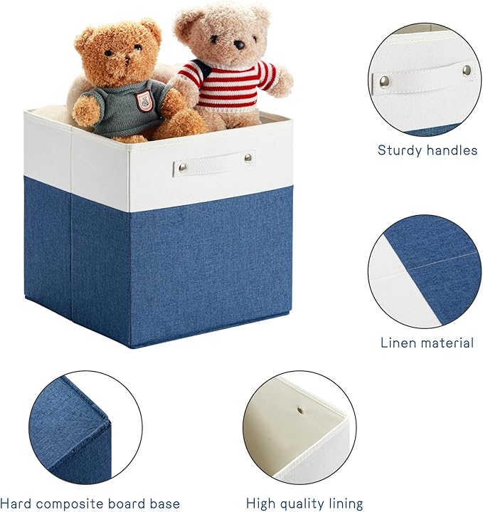 13 x 13 Inch Fine Linen Storage Bins with Handles，Fabric Cube Boxs，Basket Organizers for Shelves for Home, Closet Drawers (White/Blue-4 Pack)