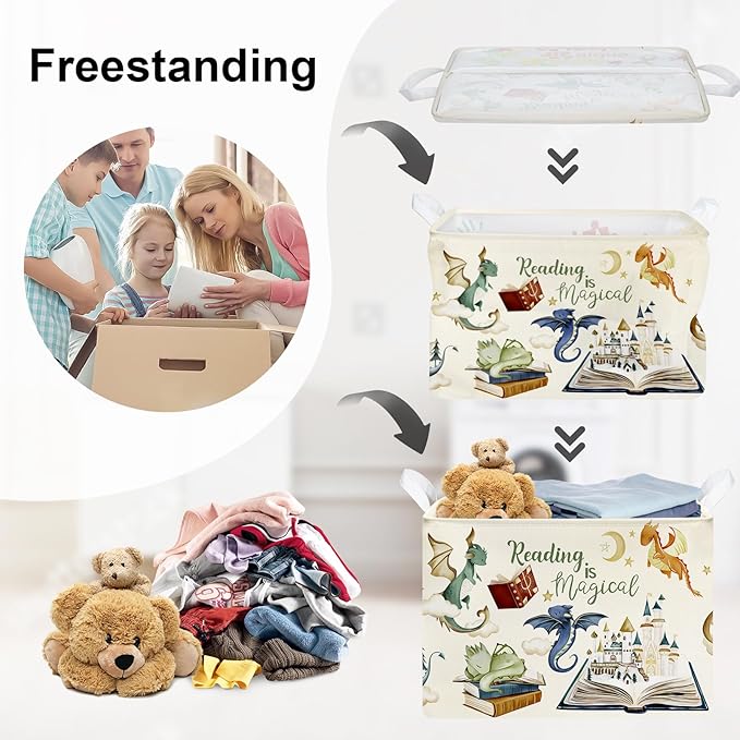 Dinosaur Laundry Hamper Large Storage Basket Cartoon Dino Collapsible Parents Organizer Kids Toy Clothes Bins for Bedroom, Bathroom, Magic Books, 36L