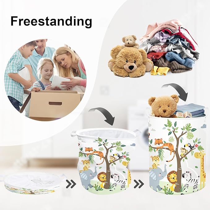 Forest Animals Laundry Hamper Woodland Tree Large Storage Basket Parents Organizer Kids Clothes Toy Bins for Bedroom, Bathroom, Giraffe, 63L