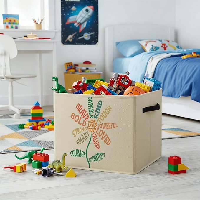 Inspirational Boho Floral Storage Bin Box with Handles, You Are Enough Positive Foldable Baskets Organizer for Kids Room Bedroom Bathroom Clothes Toys Books, Toybox for Girls