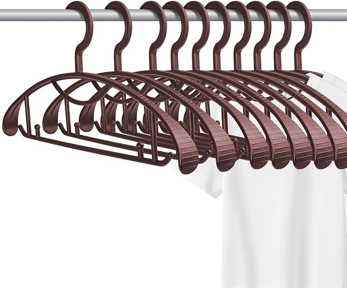 Extra Wide Shoulder Sweater Hangers 10 Pack, Width 2.8cm Thick Plastic Suit Hanger for Men Women, Curved Clothes Hangers no Shoulder Bump Ideal for Bedroom Everyday Use (Brown)